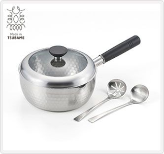 〔Made in TSUBAME〕銀鱗 蓋付き槌目雪平鍋20cm(お玉・穴明お玉付き)