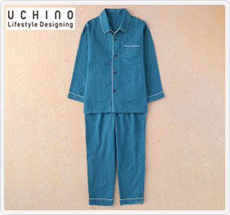 〔ウチノ〕マシュマロガーゼ パイピングメンズパジャマ ブルーグリーン