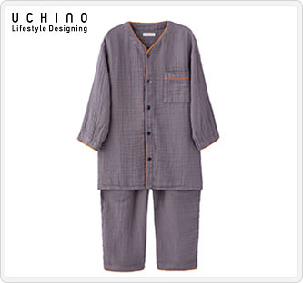〔ウチノ〕クレープガーゼノーカラーメンズパジャマ グレー LA