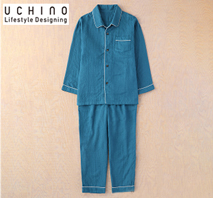 〔ウチノ〕マシュマロガーゼ パイピングメンズパジャマ ブルーグリーン