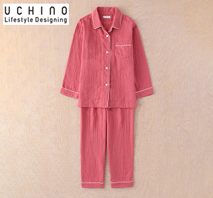 〔ウチノ〕マシュマロガーゼ パイピングレディスパジャマ レッド