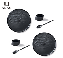 〔ARAS〕大皿ウェーブ・ななめ小鉢・スプーン ブラック 各2セット