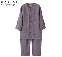 〔ウチノ〕クレープガーゼノーカラーメンズパジャマ グレー M