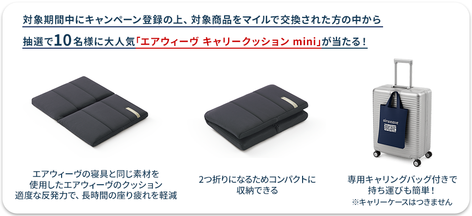対象期間中にキャンペーン登録の上、対象商品をマイルで交換された方の中から抽選で10名様に大人気「エアウィーヴ キャリークッション mini」が当たる！ エアウィーヴの寝具と同じ素材を使用したエアウィーヴのクッション適度な反発力で、長時間の座り疲れを軽減 2つ折りになるためコンパクトに収納できる 専用キャリングバッグ付きで持ち運びも簡単！※キャリーケースはつきません